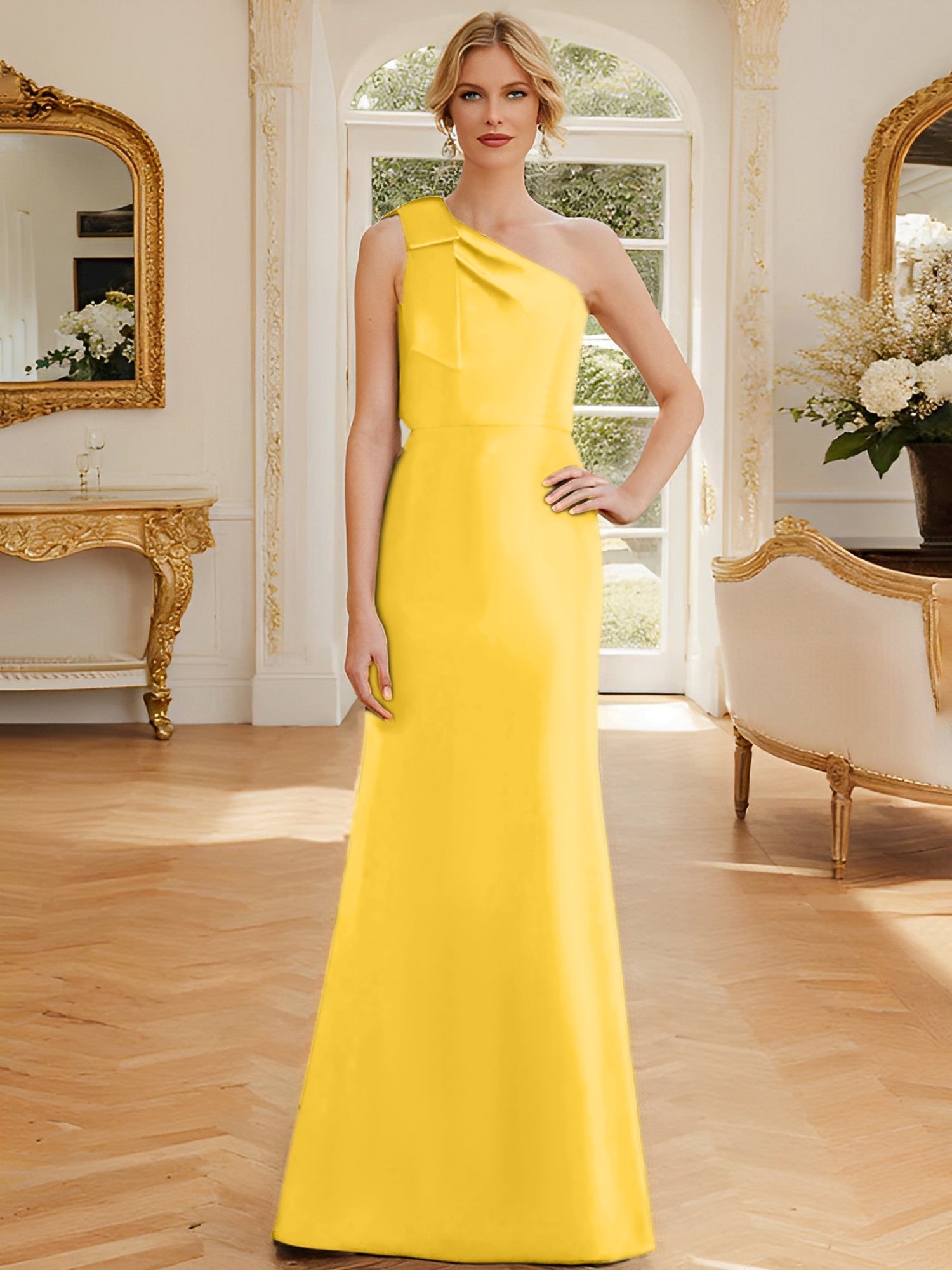 One Shoulder Sleeveless Satin Mother of the Bride Dress with Bowknot Sheath Column