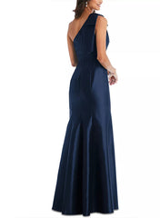 One Shoulder Sleeveless Satin Mother of the Bride Dress with Bowknot Sheath Column
