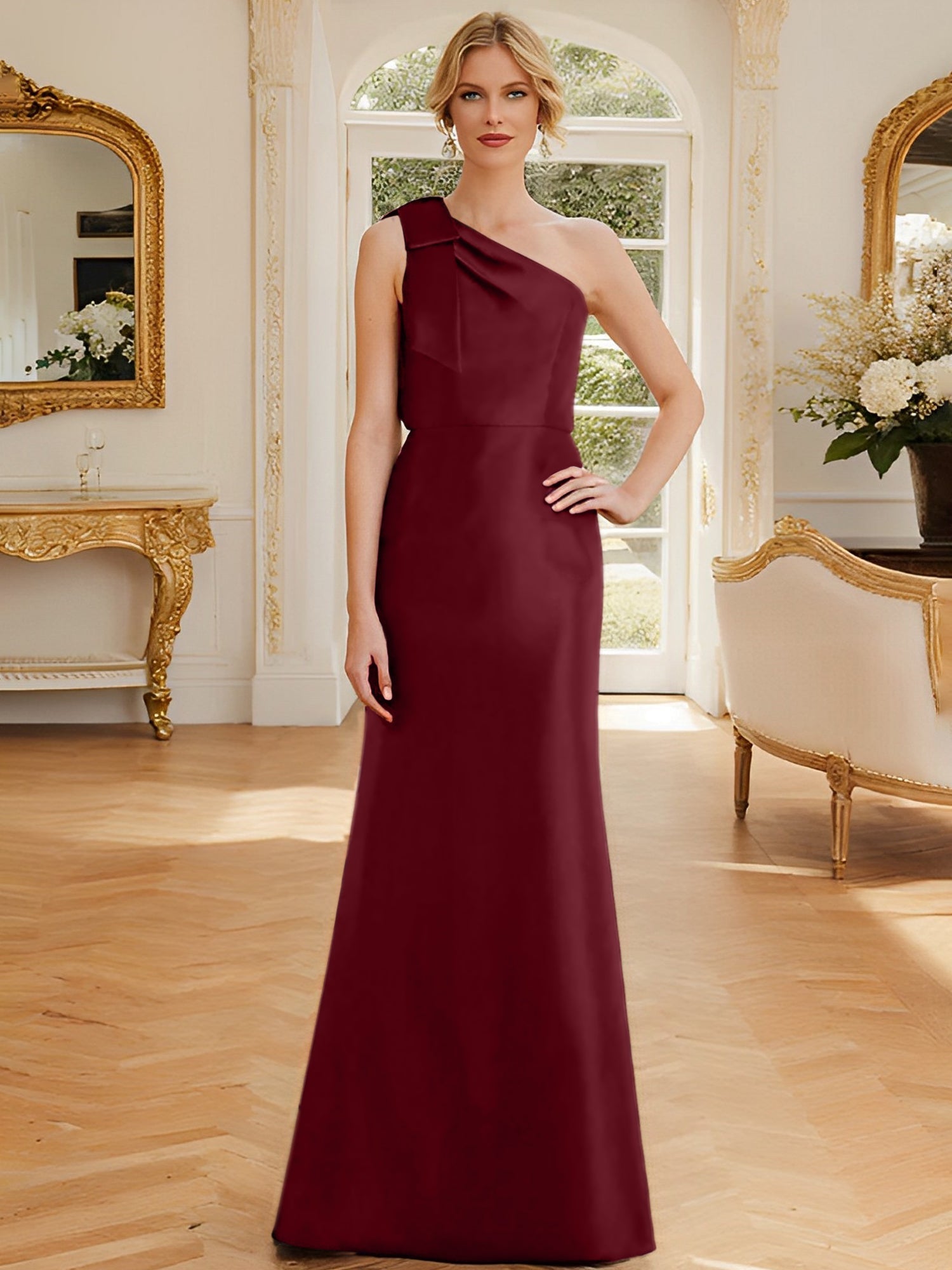 One Shoulder Sleeveless Satin Mother of the Bride Dress with Bowknot Sheath Column