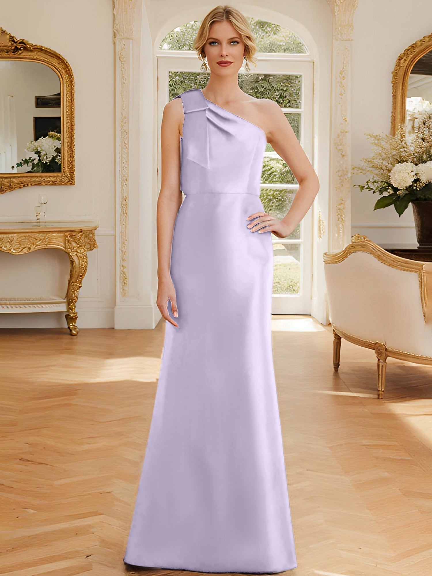 One Shoulder Sleeveless Satin Mother of the Bride Dress with Bowknot Sheath Column