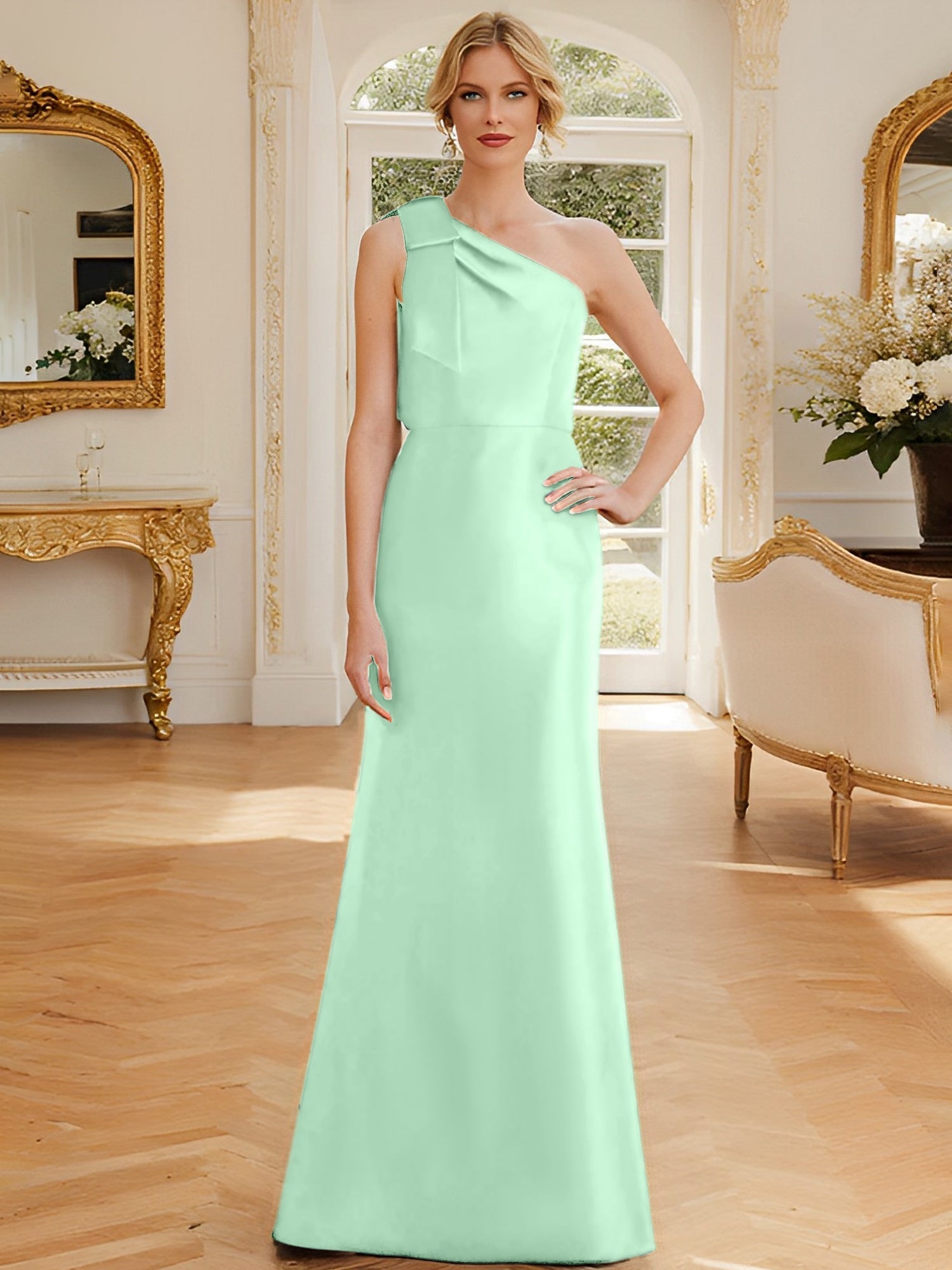 One Shoulder Sleeveless Satin Mother of the Bride Dress with Bowknot Sheath Column