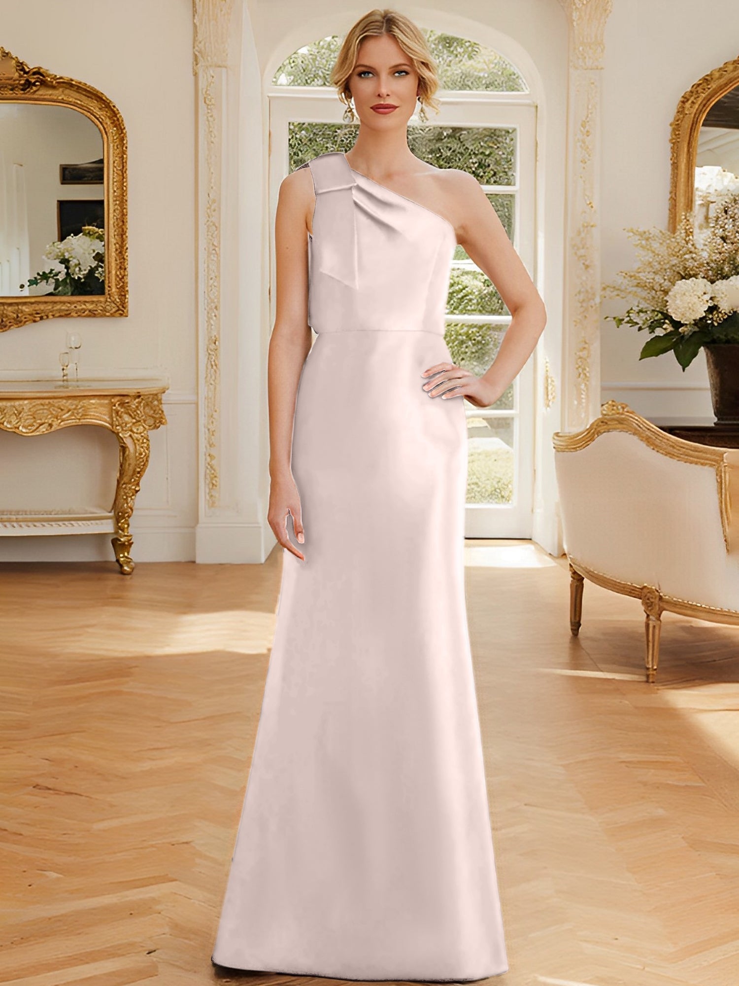 One Shoulder Sleeveless Satin Mother of the Bride Dress with Bowknot Sheath Column