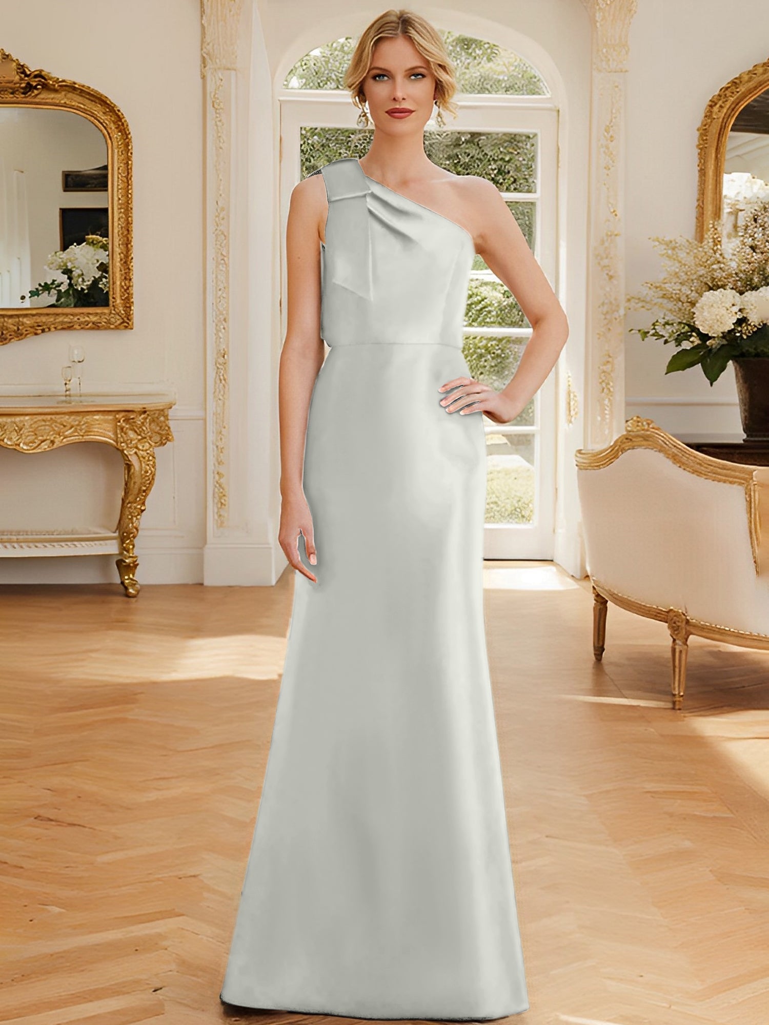 One Shoulder Sleeveless Satin Mother of the Bride Dress with Bowknot Sheath Column