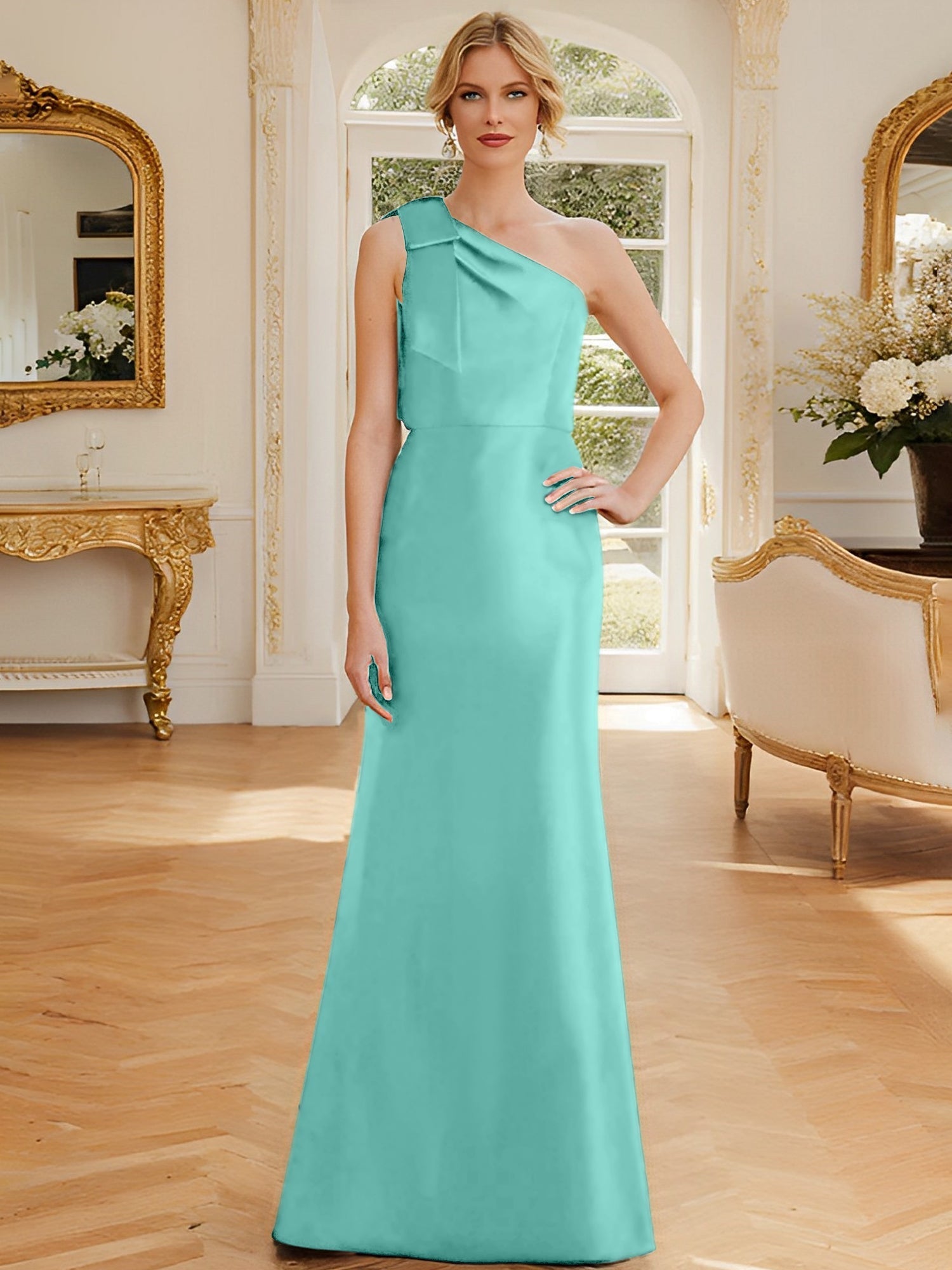 One Shoulder Sleeveless Satin Mother of the Bride Dress with Bowknot Sheath Column