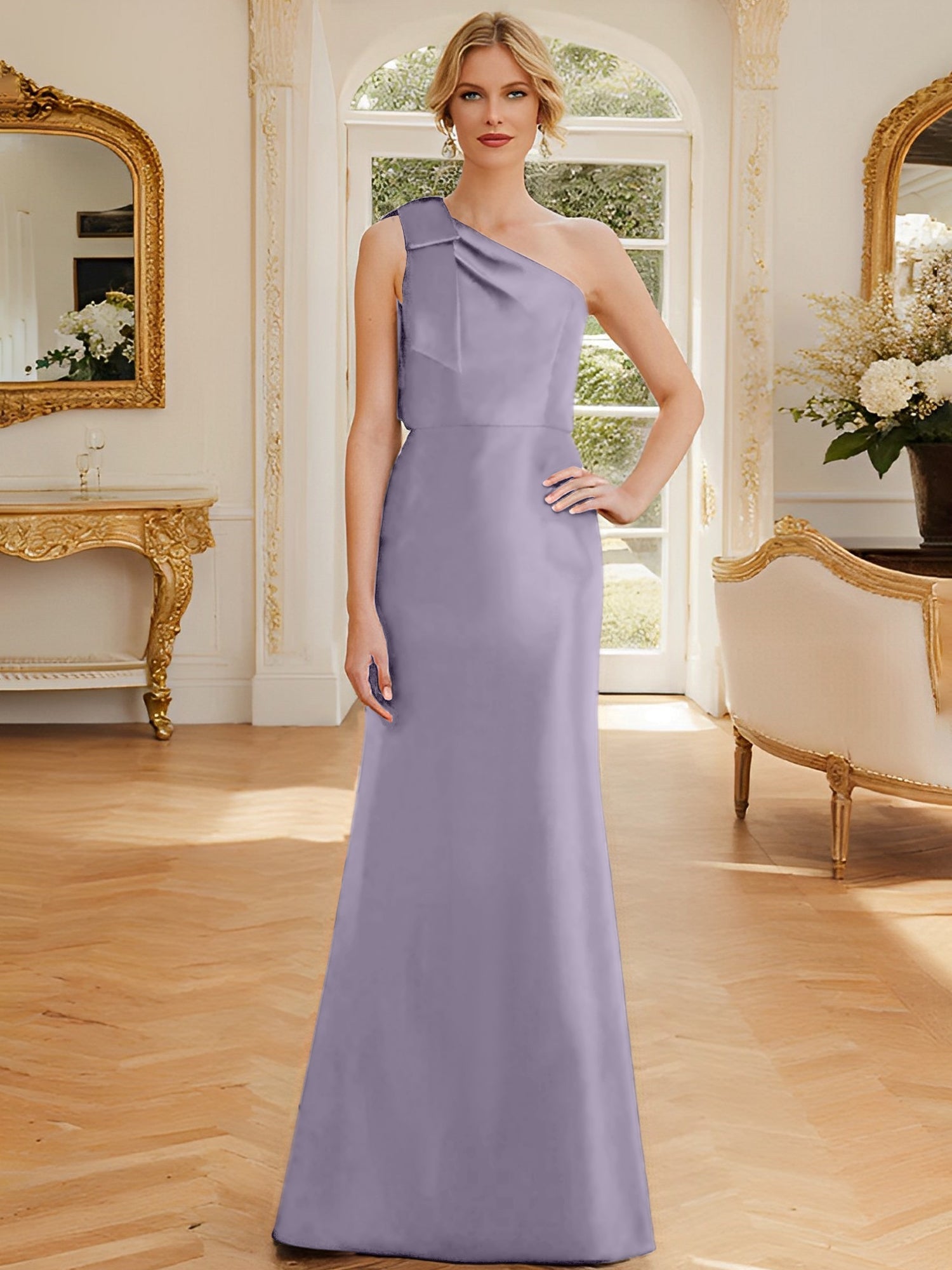 One Shoulder Sleeveless Satin Mother of the Bride Dress with Bowknot Sheath Column