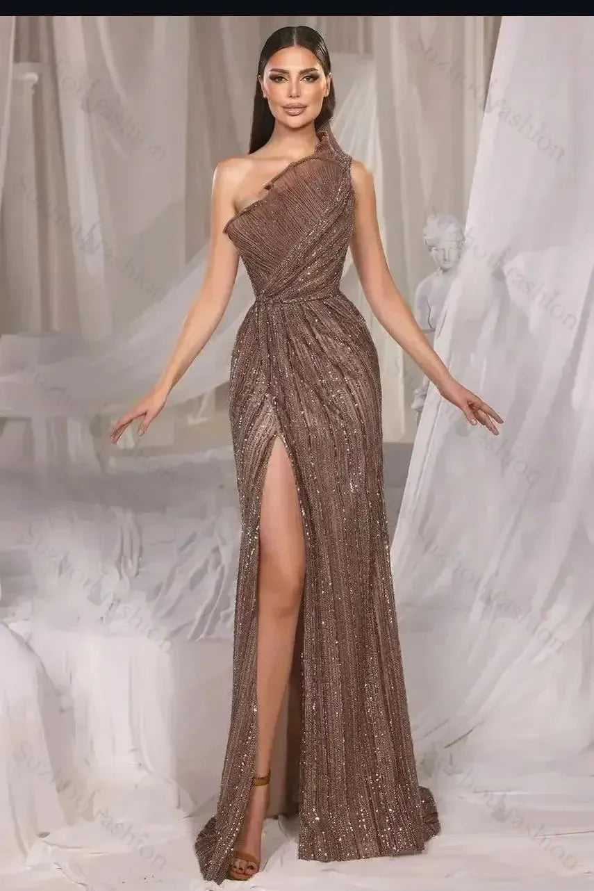 One Shoulder Sleeveless Sequined Front Split Long Evening Formal Dress With Ruffled