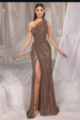 One Shoulder Sleeveless Sequined Front Split Long Evening Formal Dress With Ruffled