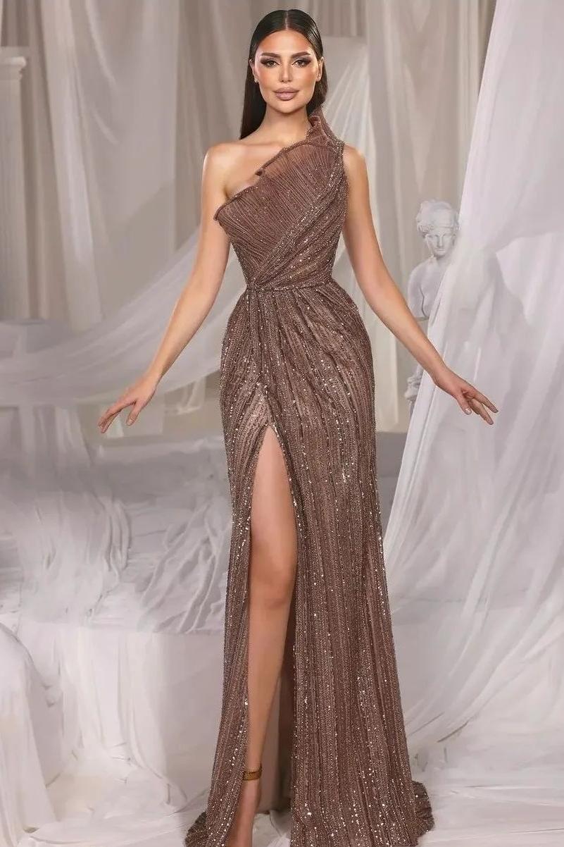 One Shoulder Sleeveless Sequined Front Split Long Evening Formal Dress With Ruffled