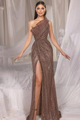 One Shoulder Sleeveless Sequined Front Split Long Evening Formal Dress With Ruffled