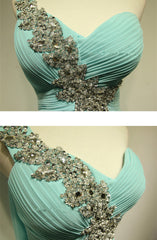 One Shoulder Tiered Green Evening Dresses Popular Elegant Long Train Crystal long Prom Dress