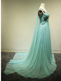 One Shoulder Tiered Green Evening Dresses Popular Elegant Long Train Crystal long Prom Dress
