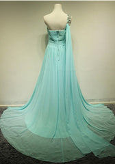 One Shoulder Tiered Green Evening Dresses Popular Elegant Long Train Crystal long Prom Dress