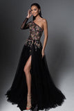One Shoulder Tulle Black Appliques Split A-Line Prom Dresses