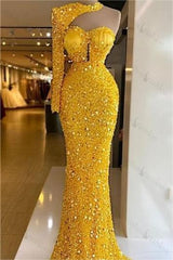 One Shoulder Yellow Halter Long Sleeve Sweetheart Mermaid Evening Formal Dress With Sequined
