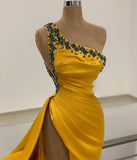 One Shoulder Yellow Slit Prom Dress Long With Beads
