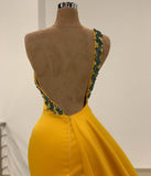 One Shoulder Yellow Slit Prom Dress Long With Beads