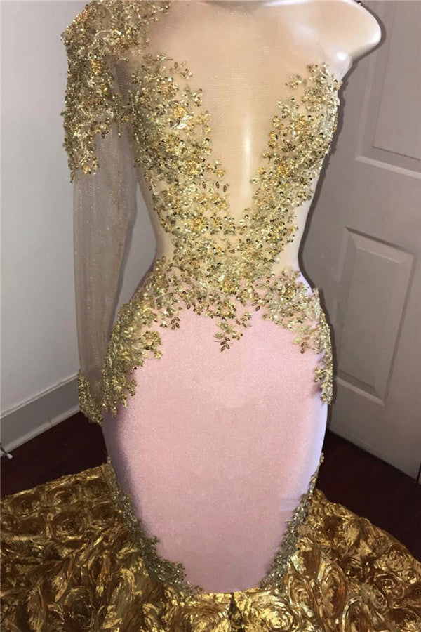 One Sleeve Mermaid Gold Floral Prom Dresses | Beads Lace Appliques Sexy Prom Gowns bc1386