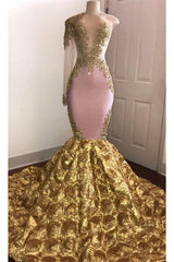 One Sleeve Mermaid Gold Floral Prom Dresses | Beads Lace Appliques Sexy Prom Gowns bc1386