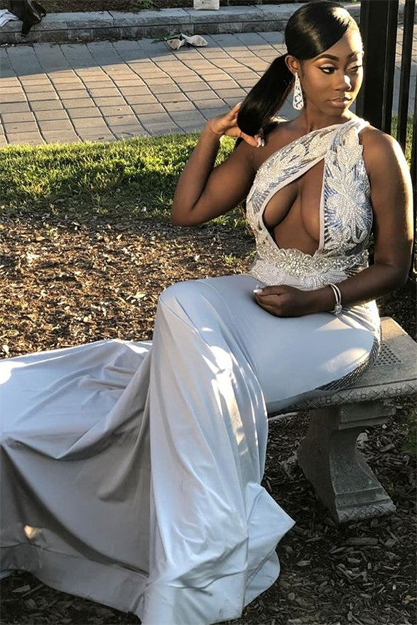One-shoulder Flower Appliques Mermaid Prom Dresses | Charming Sleeveless Party Dresses