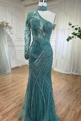 One shoulder Long Sleeve Champagne Bead Embroidery Evening Formal Dress