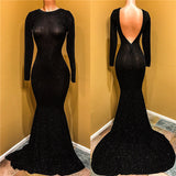 Open Back Black Long Sleeve Prom Dress | Sequins Sheath Evening Dress with Long Train