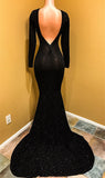 Open Back Black Long Sleeve Prom Dress | Sequins Sheath Evening Dress with Long Train