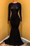 Open Back Black Long Sleeve Prom Dress  | Sequins Sheath Evening Dress with Long Train