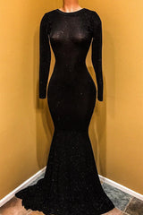 Open Back Black Long Sleeve Prom Dress | Sequins Sheath Evening Dress with Long Train