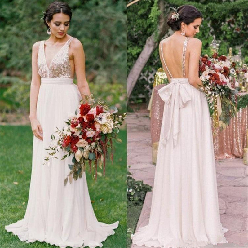 Open Back Bridesmaid Dresses | V-neck Sequins Chiffon Maid of Honor Dress Sexy