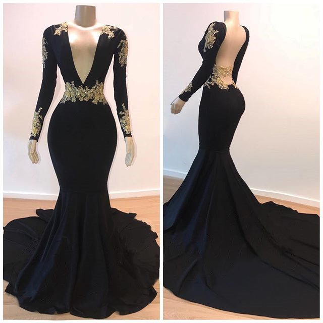 Open Back Gold Lace Black Prom Dresses Mermaid Long Sleeve Formal Evening Gowns