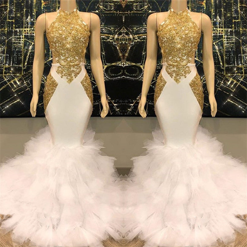 Open Back Gold Lace Sexy Prom Dress on Mannequins | Mermaid Ruffles Evening Gowns Online