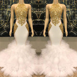 Open Back Gold Lace Sexy Prom Dress on Mannequins | Mermaid Ruffles Evening Gowns Online