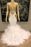 Open Back Gold Lace Sexy Prom Dress on Mannequins | Mermaid Ruffles Evening Gowns Online