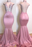 Open Back Pink Long Prom Dresses | Silver Crystals Appliques Mermaid Sexy Evening Gowns