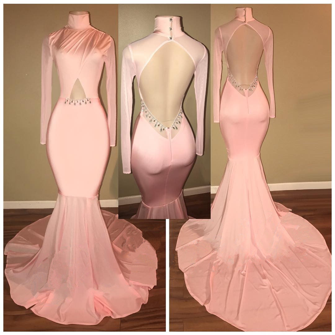 Open Back Pink Prom Dress Sexy | Mermaid High Neck Evening Gowns with Sleeve