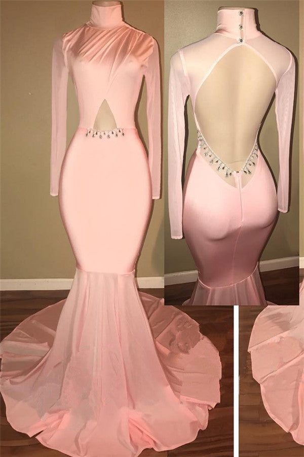 Open Back Pink Prom Dress Sexy | Mermaid High Neck Evening Gowns with Sleeve