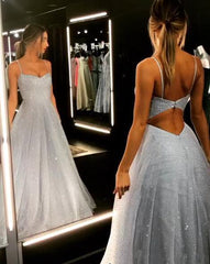 Open Back Prom Dress Spaghetti Strap Sequin Evening Gowns