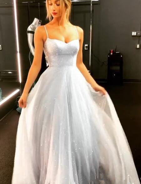 Open Back Prom Dress Spaghetti Strap Sequin Evening Gowns