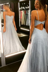 Open Back Prom Dress Spaghetti Strap Sequin Evening Gowns
