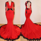Open Back Red Prom Dresses with Black Lace Appliques | V-neck Long Sleeve Sexy Mermaid Graduation Dress