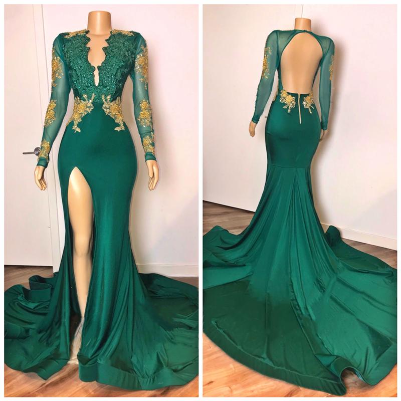 Open Back Sexy Side Slit Green Prom Dresses Long Sleeves