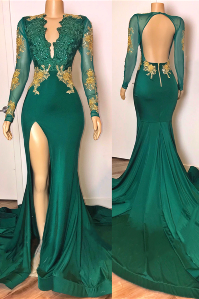 Open Back Sexy Side Slit Green Prom Dresses Long Sleeves On Sale