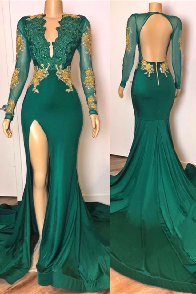 Open Back Sexy Side Slit Green Prom Dresses Long Sleeves