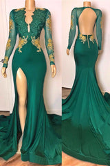 Open Back Sexy Side Slit Green Prom Dresses Long Sleeves