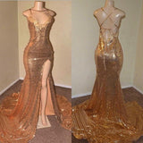 Open Back Sexy Slit Gold Sequin Prom Dresses | Spaghetti Straps Appliques Formal Evening Gowns