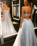 Open Back Spaghetti Strap Sequin Prom Dresses | Ice Blue Sexy Evening Gowns