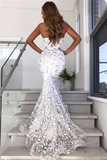 Open Back Sweetheart Leaf Appliques Wedding Dresses | Mermaid Sexy Sheer Tulle Evening Dress