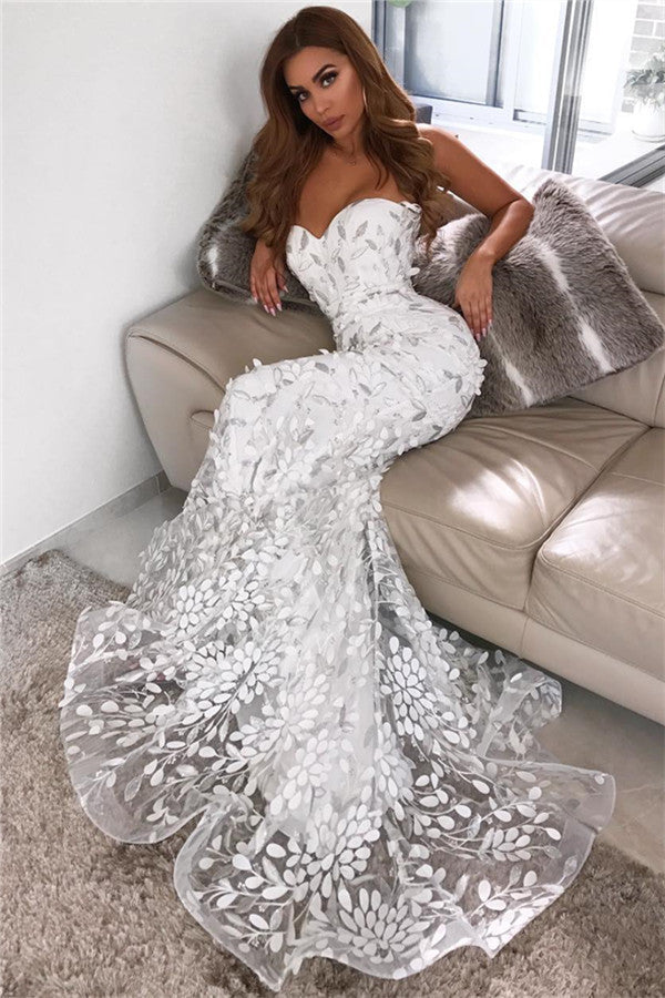 Open Back Sweetheart Leaf Appliques Wedding Dresses | Mermaid Sexy Sheer Tulle Evening Dress