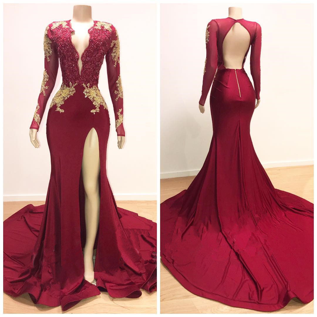 Open Back V-neck Long Sleeve Prom Dresses | Gold Lace Appliques Sexy Slit Evening Gowns BC0534