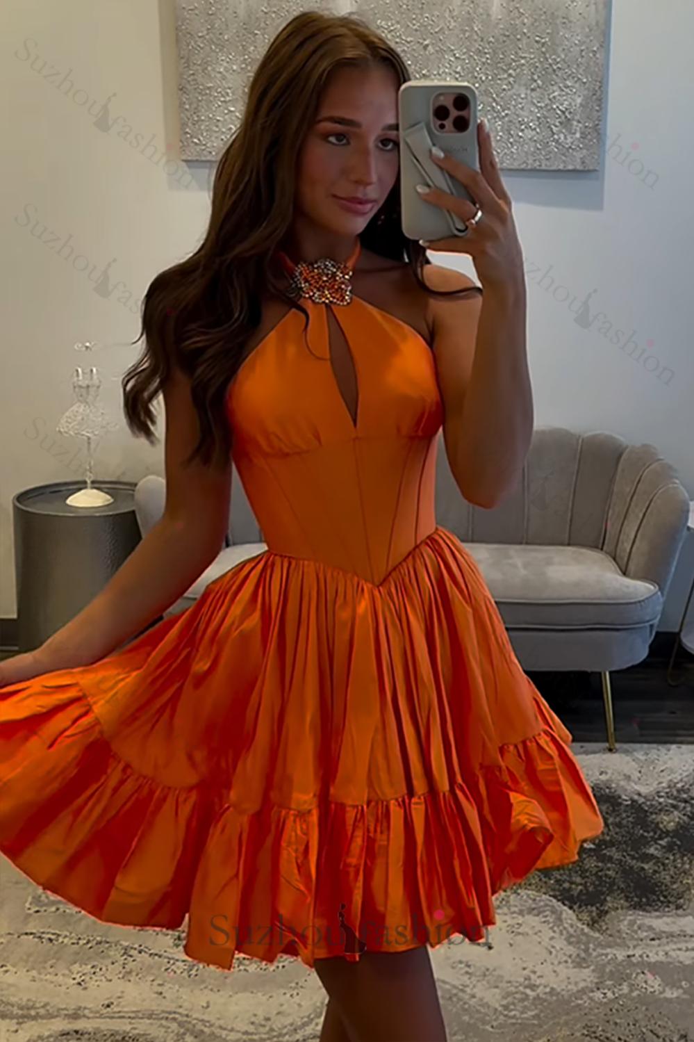 Orange A Line Homecoming Dresses Halter Ruffled Short Corset Cocktail Dresses